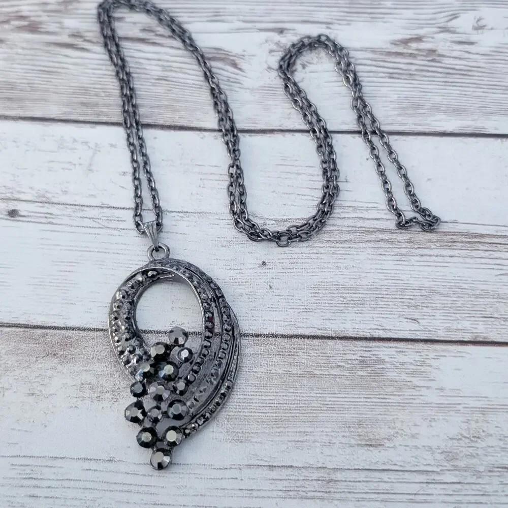 Vintage Necklace - Statement Grey Pendant Necklace - Long Chain
